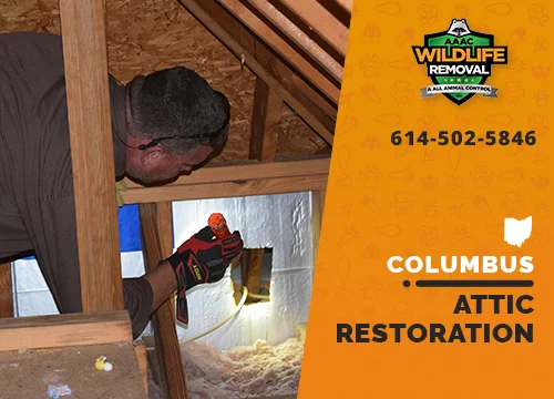Wildlife Pest Control operator inspecting an attic in Columbus before restoration